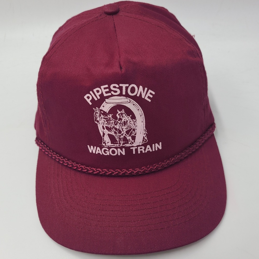 Vintage Pipestone Wagon Train Hat Snapback Maroon White Rope Horse Logo 80s Men